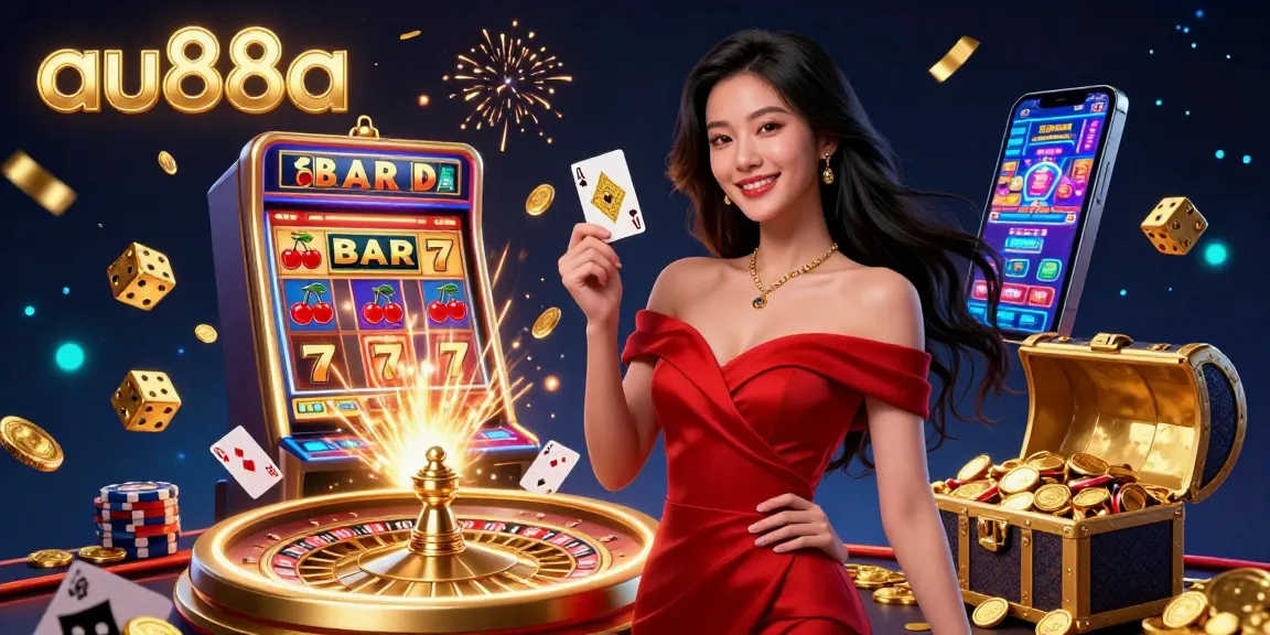 Experience the excitement of winning at au88a with a glamorous scene featuring a stunning Asian woman and a golden roulette wheel.