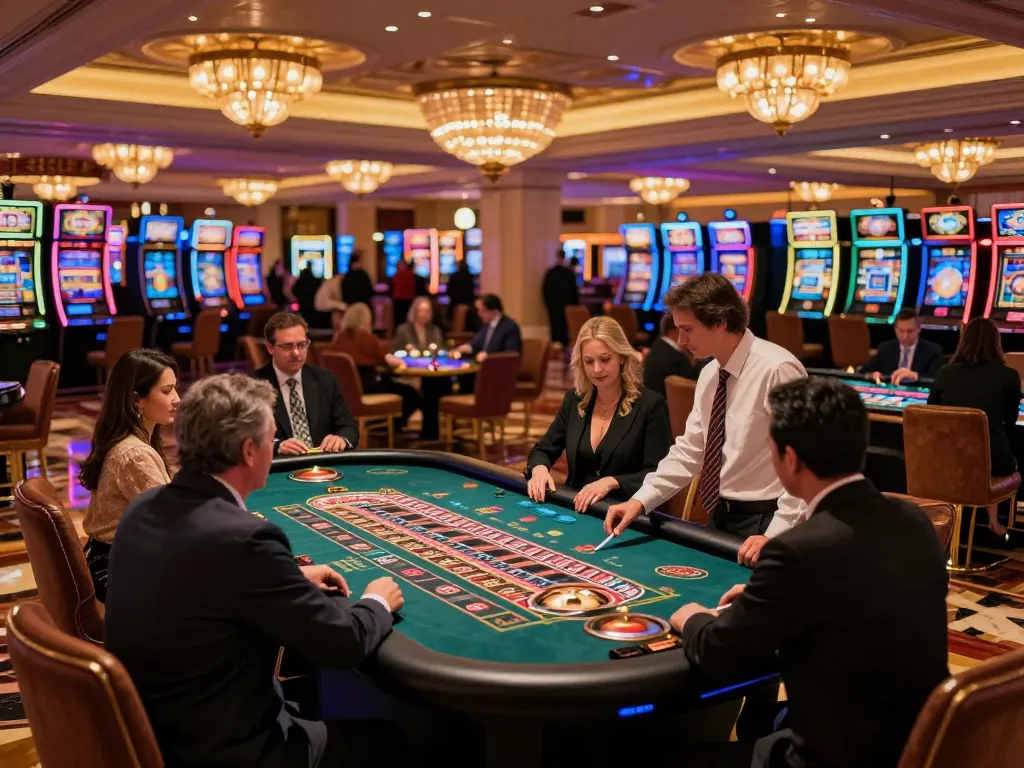 Players enjoying roulette at the CM88 casino, vibrant atmosphere with neon lights and elegant decor