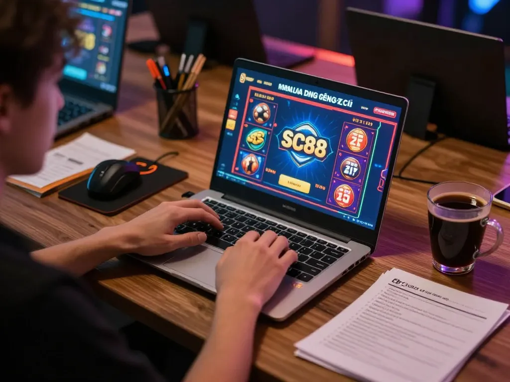 Engaged player using laptop for SC88 đăng ký gaming experience, showcasing vibrant online casino interface.