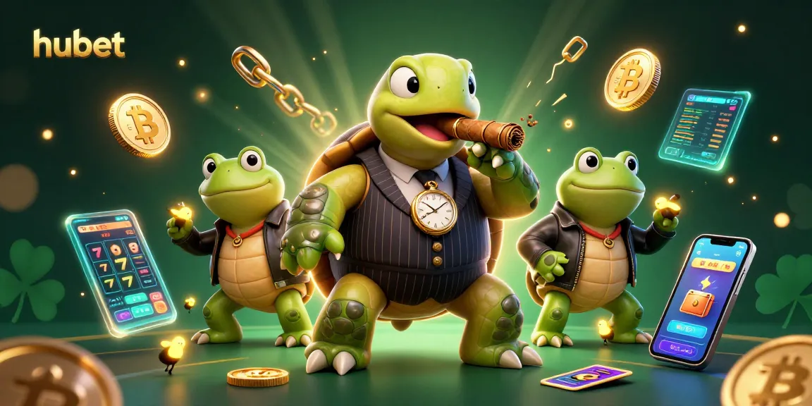 Hubet renders a lively casino scene with a turtle in a pinstripe suit and crypto elements.
