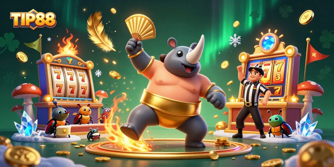 Experience the excitement of TIP88 with a vibrant casino scene featuring a beetle sumo champion.