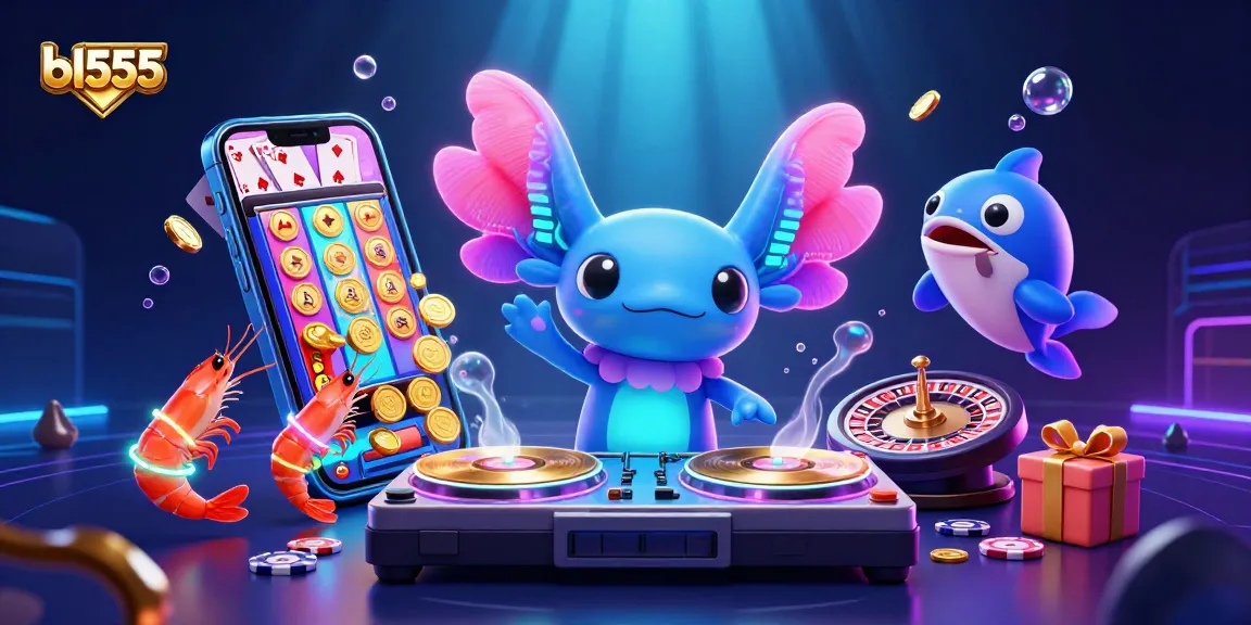 Engage in endless fun at bl555 featuring a neon axolotl DJ and vibrant gambling games.