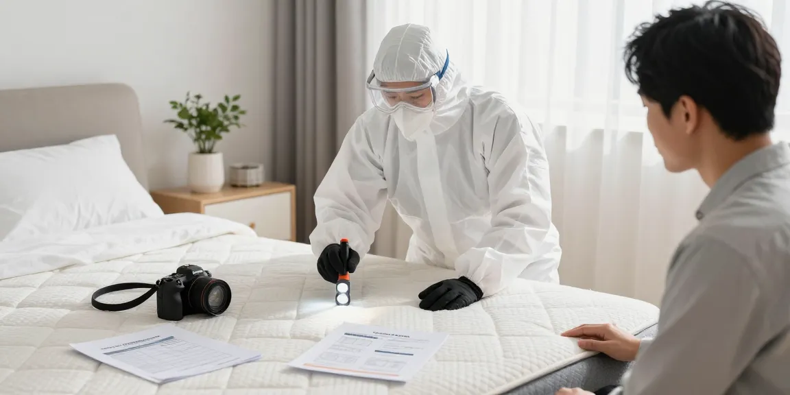 Expert bed bug pest control inspection in a modern bedroom environment, showcasing professionalism and care.
