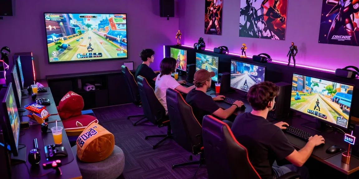 Friends playing nsfw games in a vibrant gaming lounge with snacks and LED lights.