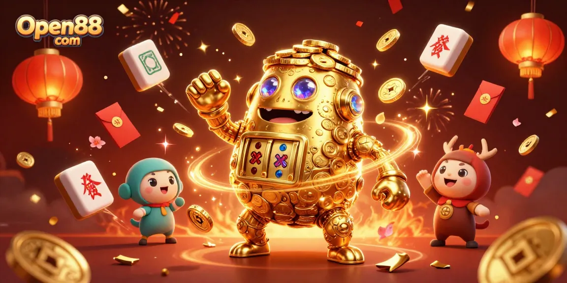 Engage with thrilling gaming experiences on Open88 com featuring a golden golem surrounded by rich casino elements.