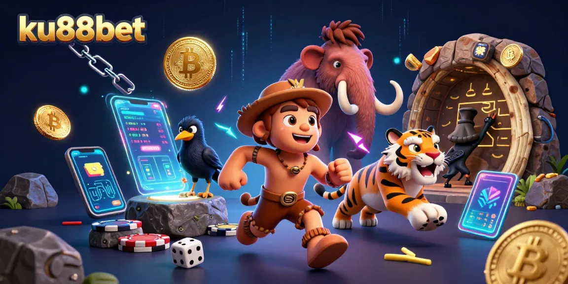 ku88bet prepares for fun in a prehistoric casino with crypto elements and vibrant details.