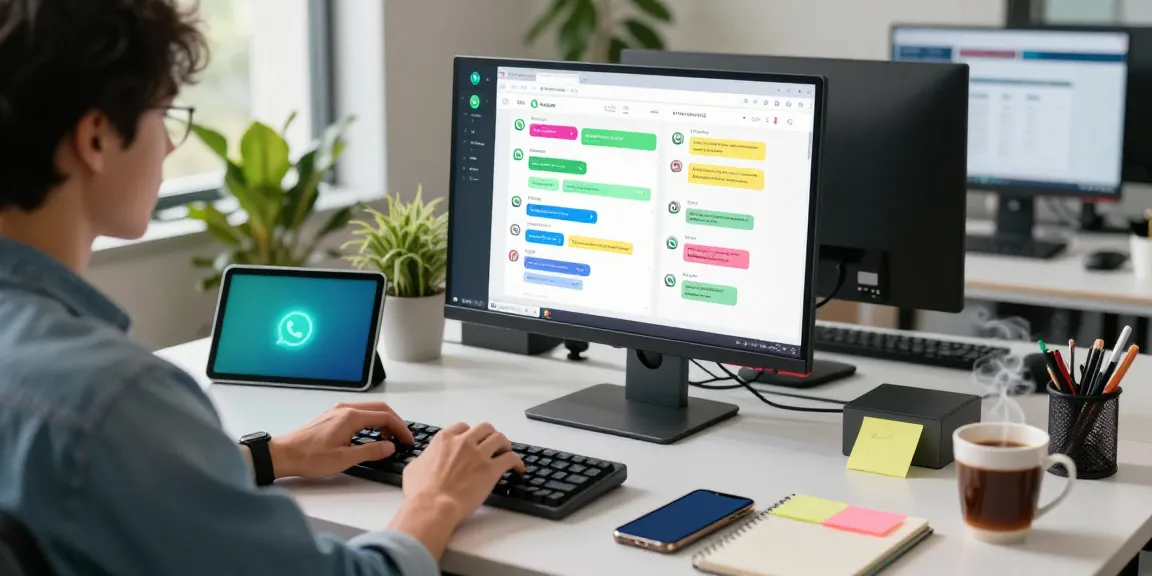 Person using WhatsApp電腦版 on a modern desktop, surrounded by tech gadgets in a bright workspace.
