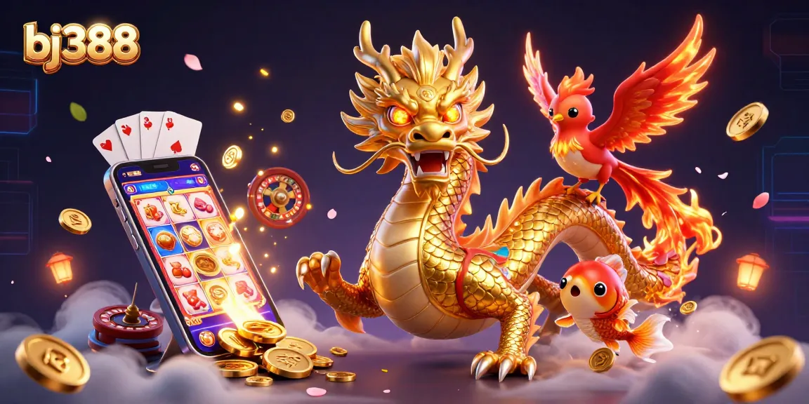 Experience bj388's thrilling gaming adventure with a dragon and phoenix amidst dazzling casino elements.