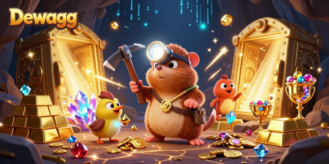 Dewagg showcases a vibrant scene with a treasure hunter mole and canary amidst colorful gems and casino elements.
