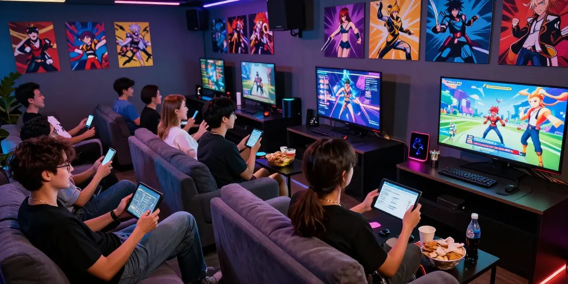 Friends enjoying hentaigames in a vibrant gaming lounge with devices and snacks.