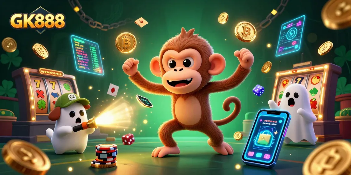 Engage with GK888 as a playful poltergeist monkey juggles golden coins in a lively casino.