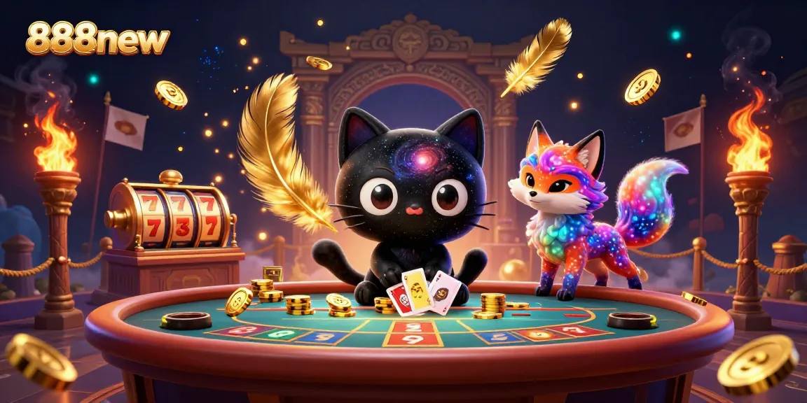 Engage the excitement at 888new with a dynamic cosmic casino scene featuring whimsical characters.