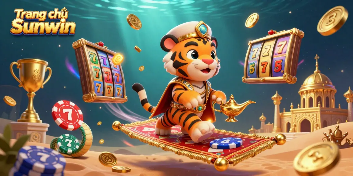 Experience the excitement of gaming with Trang chủ Sunwin's vibrant 3D illustration featuring a tiger sultan and slot game elements.
