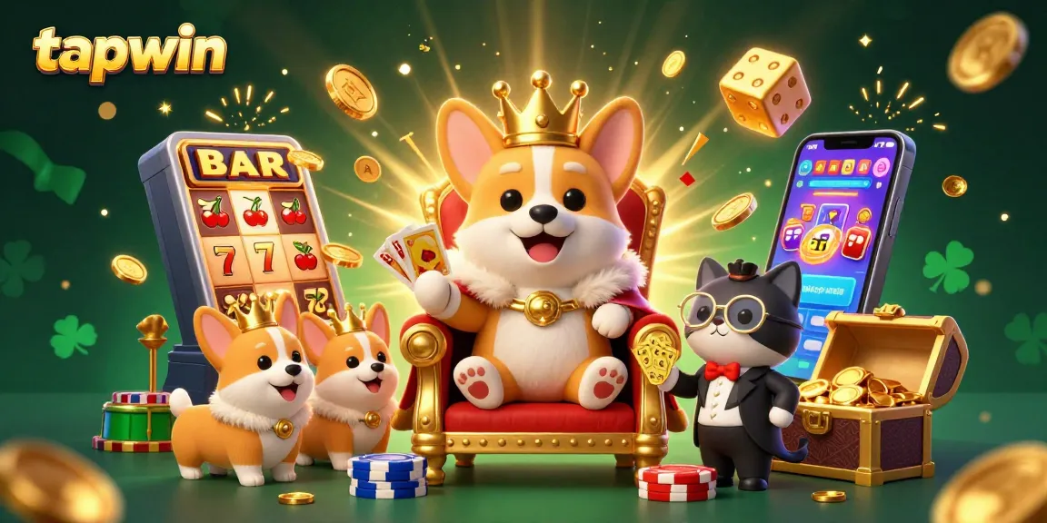 Experience the thrill of tapwin with cartoon corgis and dazzling casino elements in a vibrant illustration.