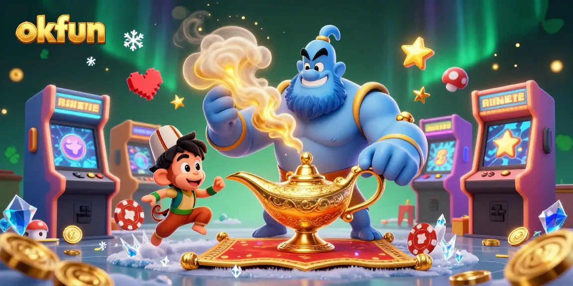 Engage with okfun's thrilling casino games featuring a genie, monkey, and poker chips.