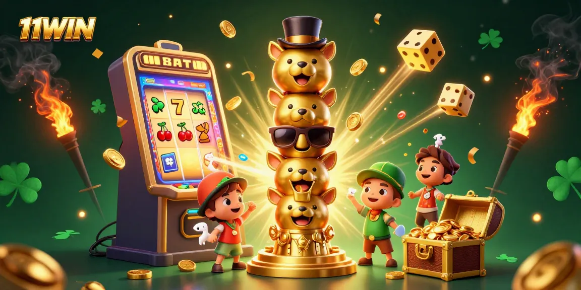 Engage with 11WIN's vibrant casino scene showcasing a dynamic slot machine and totem pole illustration.