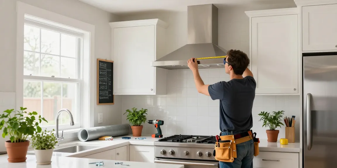 Professional contractor performing exhaust hood installation in a bright kitchen.