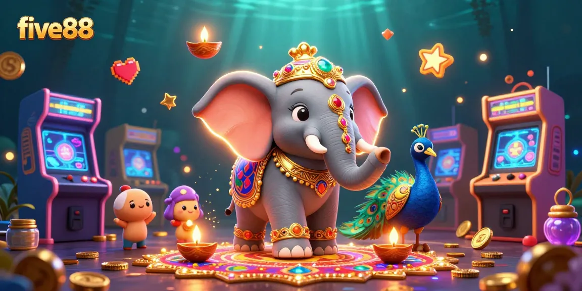 Experience fun and excitement with five88 at this vibrant casino scene featuring animated characters and game elements.