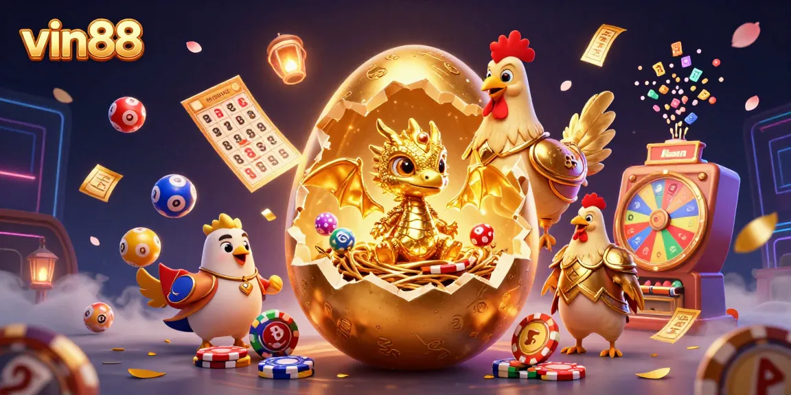 Experience the thrill of vin88 with a dragon emerging from a golden egg among dynamic casino elements.