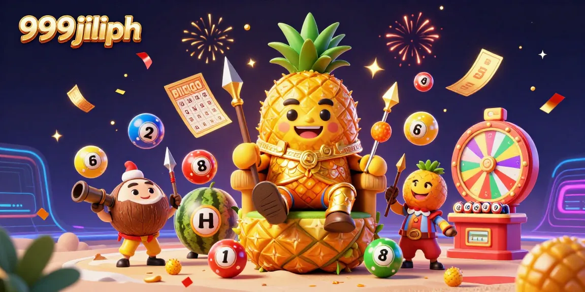 Engage with the excitement of 999jiliph, featuring a golden pineapple king amidst vibrant gaming action in a lively casino backdrop.