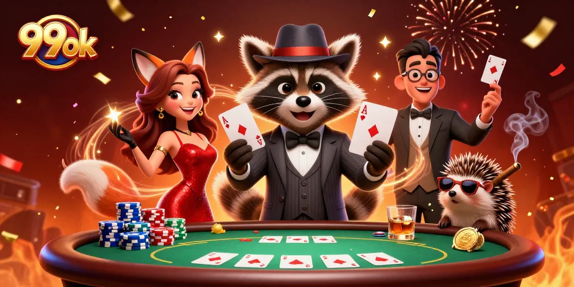 Experience thrilling poker at 99ok with a suave raccoon, stunning fox lady, and bouncer.