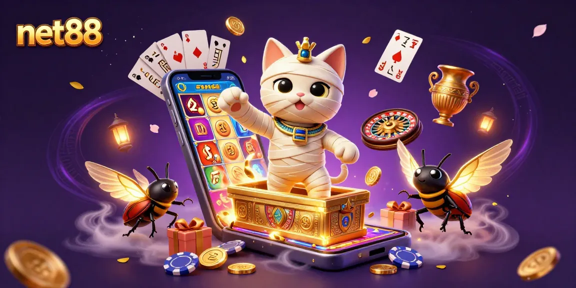 Engage with net88's thrilling slot game adventure featuring a mummy cat and vibrant casino elements.