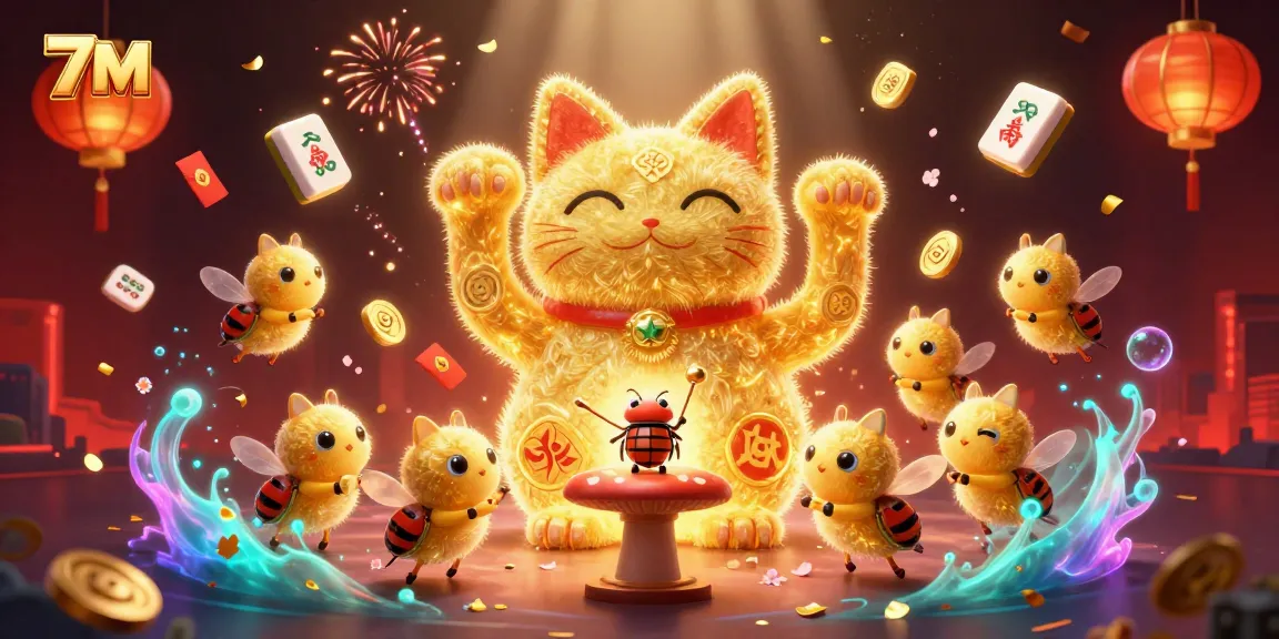 Experience the excitement of 7M with a vibrant 3D illustration of a lucky cat and dynamic casino symbols.