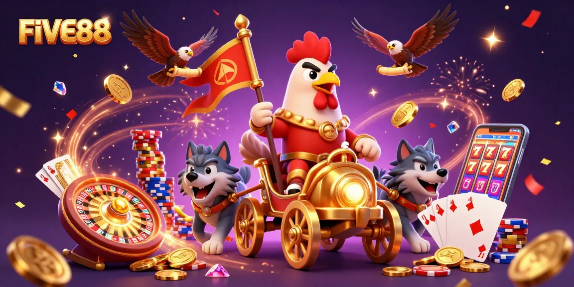 Join the adventure with FIVE88 as the rooster warlord leads in a vibrant casino scene.