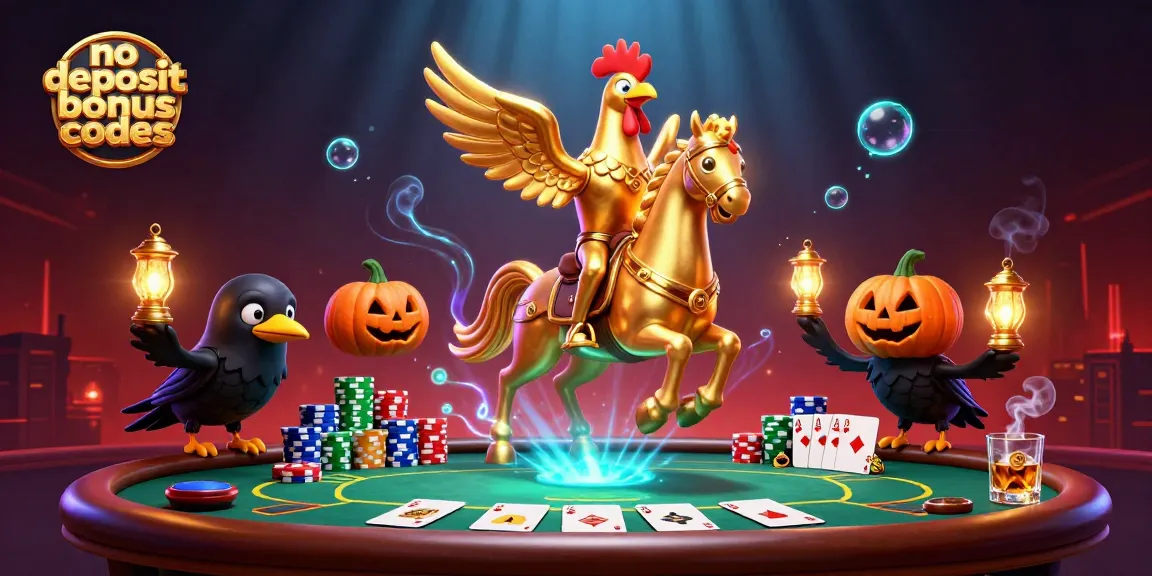 Select no deposit bonus codes while exploring a vibrant casino scene with animated characters and poker elements.