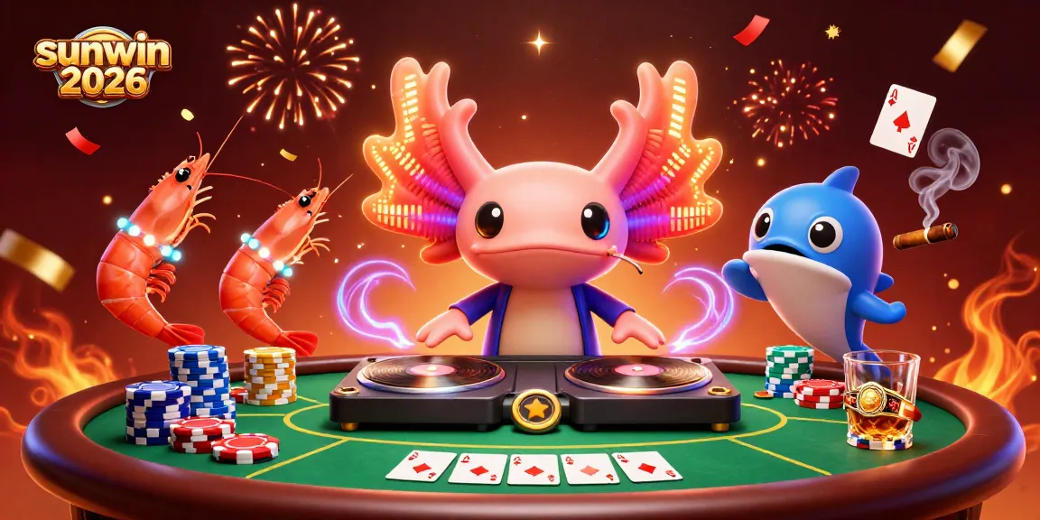 Experience the vibrant world of sunwin 2026 with a neon axolotl DJ and colorful casino elements.