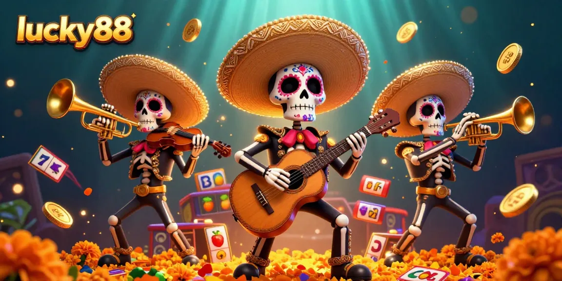 Spin and win on lucky88 with vibrant mariachi band and slot machines in a lively casino illustration.