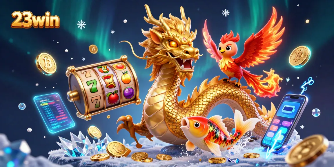 Experience thrilling gameplay at 23win, featuring a heroic dragon, phoenix, and koi amidst vibrant gaming elements.
