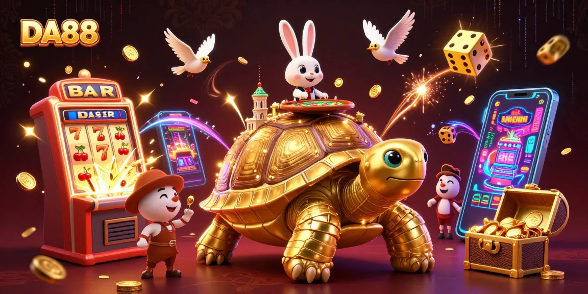 Engage with DA88's vibrant casino atmosphere featuring a golden tortoise and a rabbit dealer.