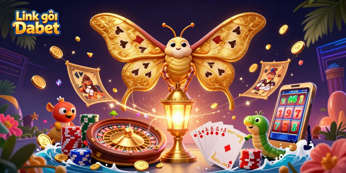 Link vào Dabet showcases a vibrant casino scene with iconic gaming elements in dynamic motion.