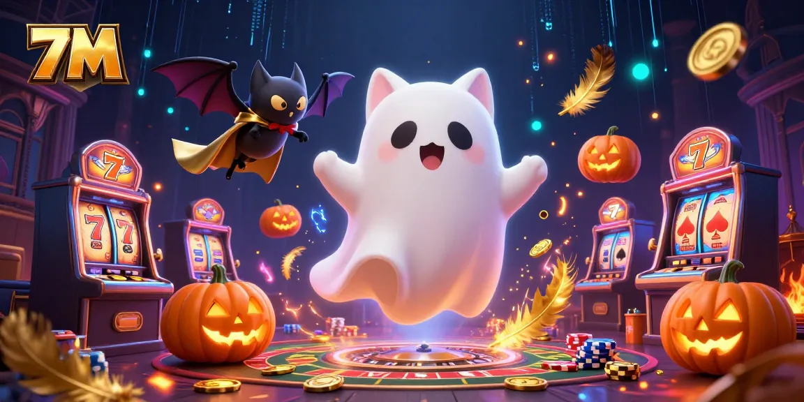 Engage with 7M's thrilling casino experience featuring ghost cat, bat, and glowing jack-o-lanterns.