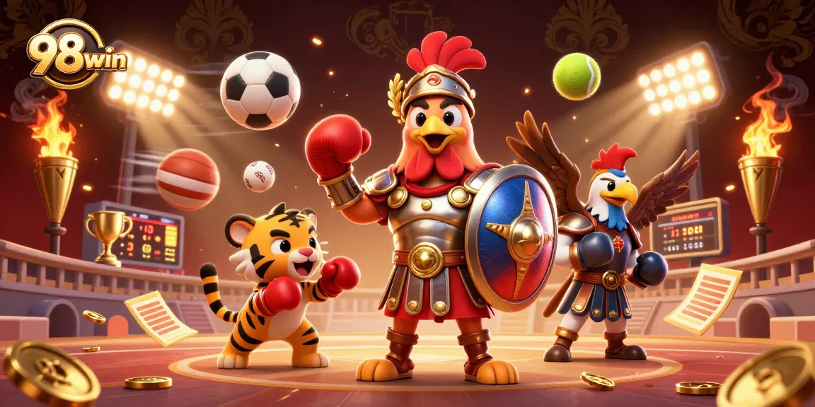 Experience the excitement at 98win with dynamic sports elements and vibrant casino illustrations.