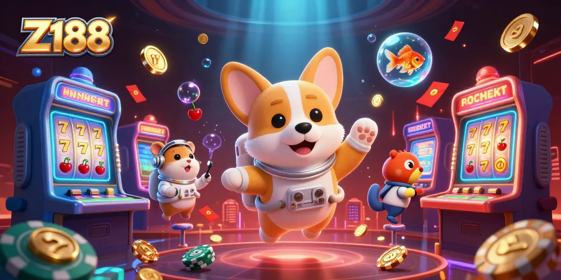 Enjoy thrilling Z188 casino adventures with a playful astronaut corgi amidst floating poker chips!