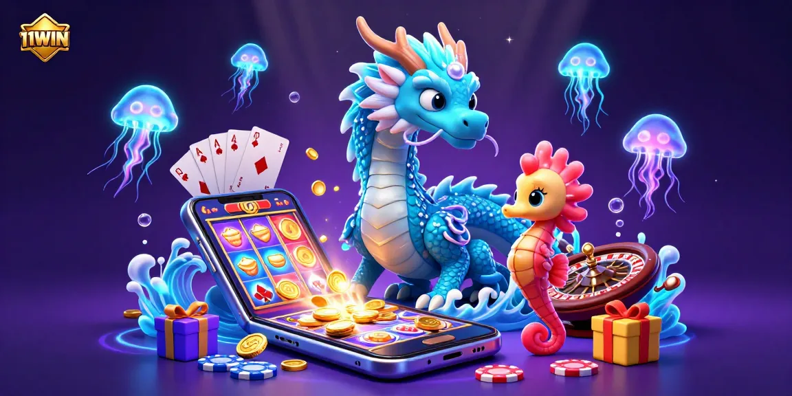 Experience thrilling wins at 11WIN with a vibrant underwater casino scene featuring dynamic characters and games.