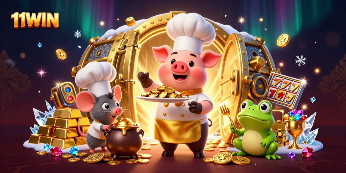 Enjoy thrilling gameplay at 11WIN, featuring a pig chef showcasing luxurious gold and exciting slot machines.