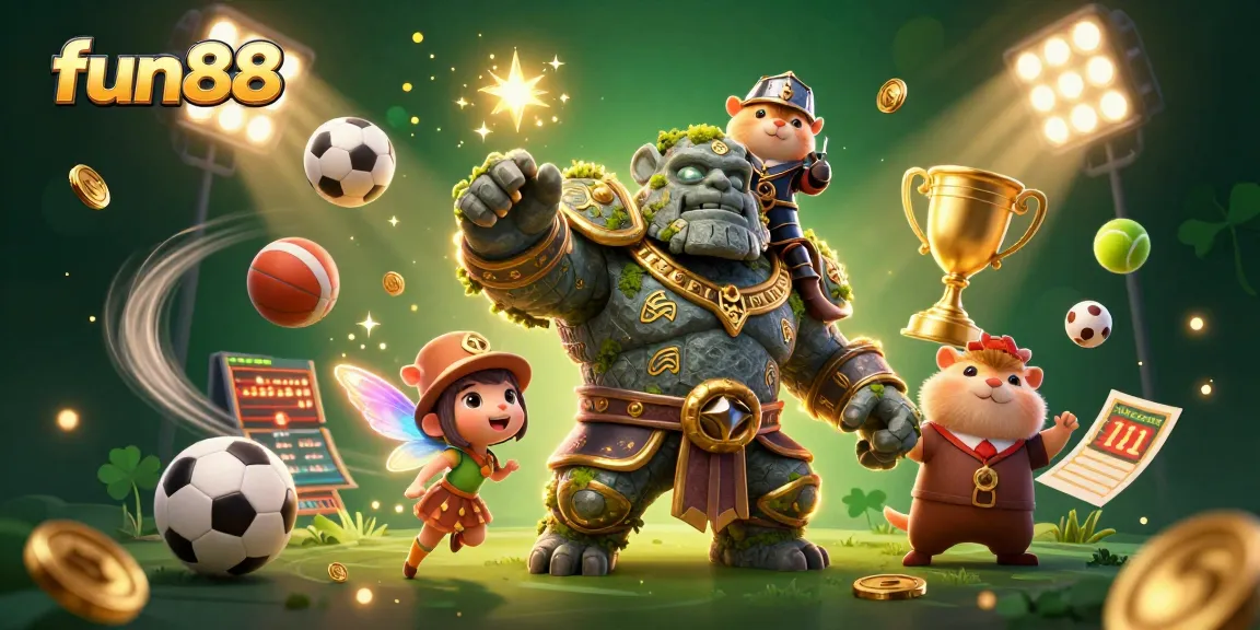 Engage in fun88's thrilling gaming experience with a dynamic 3D scene featuring magical characters and vibrant sports elements.