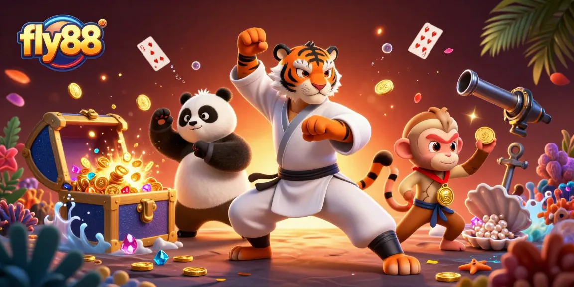 Experience the thrilling world of fly88 with energetic cartoon characters in a dynamic casino scene.