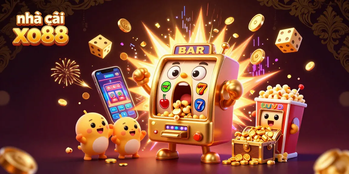 Experience jackpots at nhà cái xo88 with vibrant 3D cartoon slot machines celebrating wins.