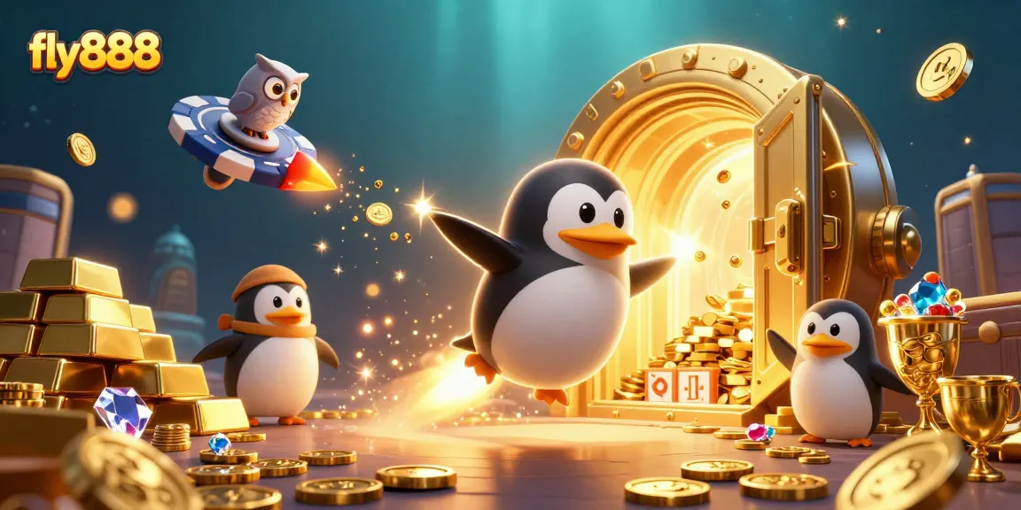 Experience exciting wins with fly888 at a dynamic casino-themed 3D illustration featuring golden treasures.
