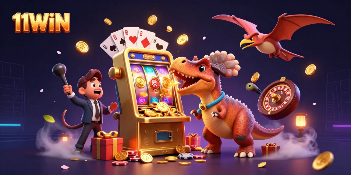 Catch golden coins with 11WIN in a vibrant cartoon casino scene featuring thrilling wins.