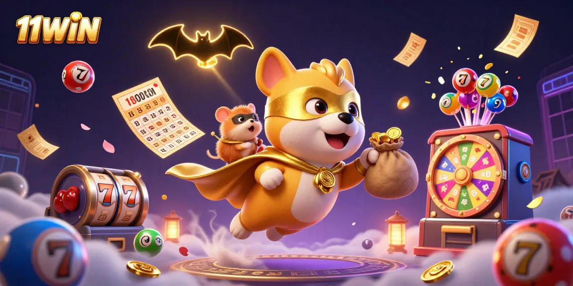 Engage with 11WIN's vibrant casino scene featuring a superhero dog amidst gold coins and lottery elements.