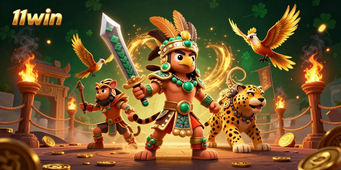 Win at 11WIN with epic Aztec warriors and golden casino elements in a dynamic gaming scene.