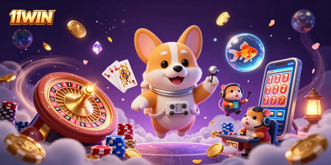 Engage in thrilling gaming at 11WIN with a corgi astronaut and casino elements in dynamic space
