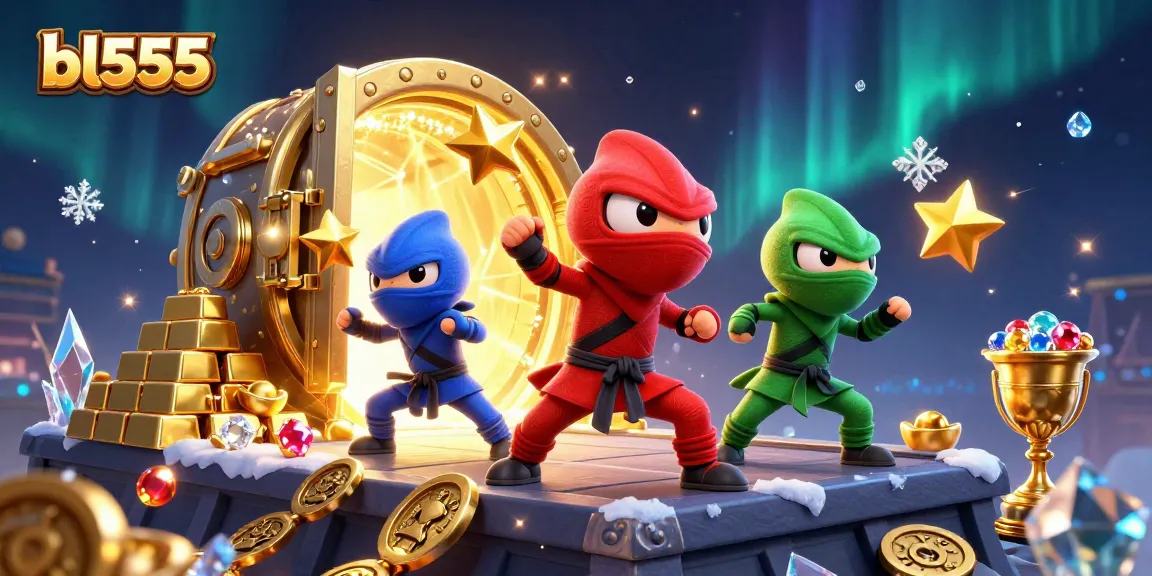 Experience thrilling gaming at bl555 with vibrant 3D illustration of a ninja chameleon team in action.