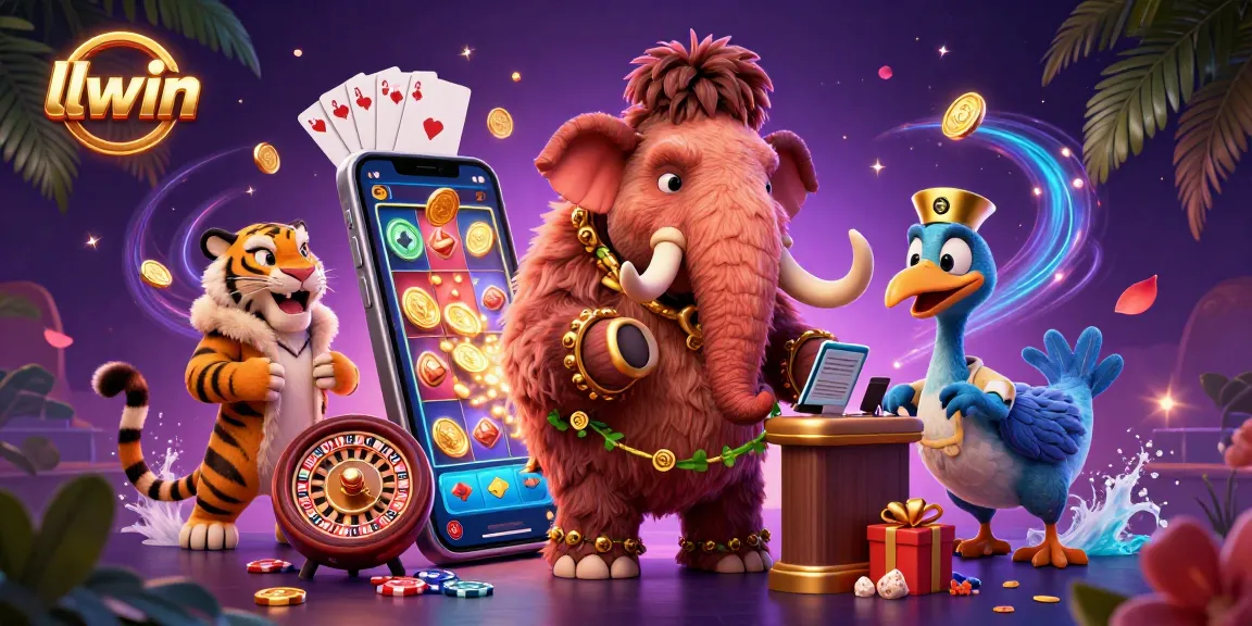 Experience thrilling gaming at llwin with a lively 3D illustration featuring a mammoth bouncer, VIP saber-tooth, and dodo doorman.