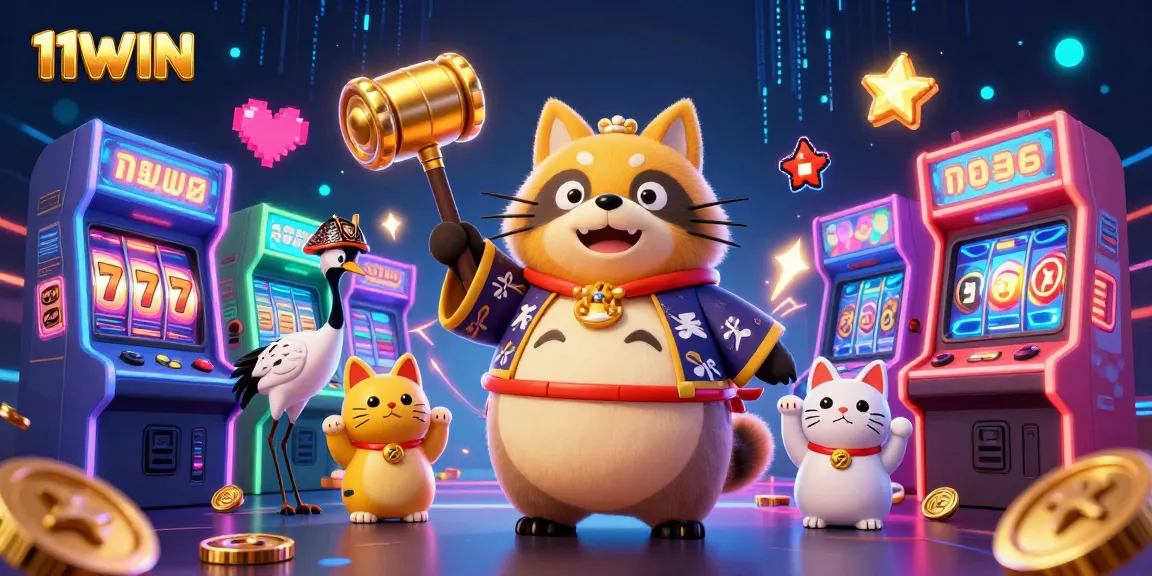 Win big with 11WIN in a vibrant casino scene featuring lucky tanuki and game elements.